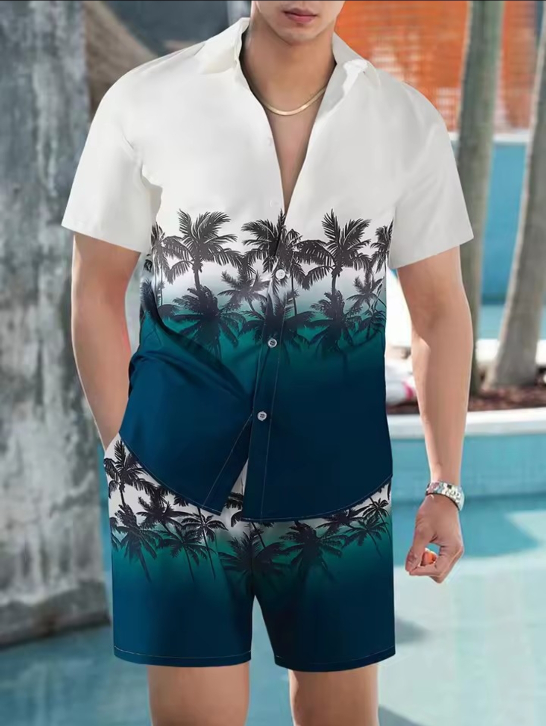 Summer Hawaiian Beach 3D print men shirt set