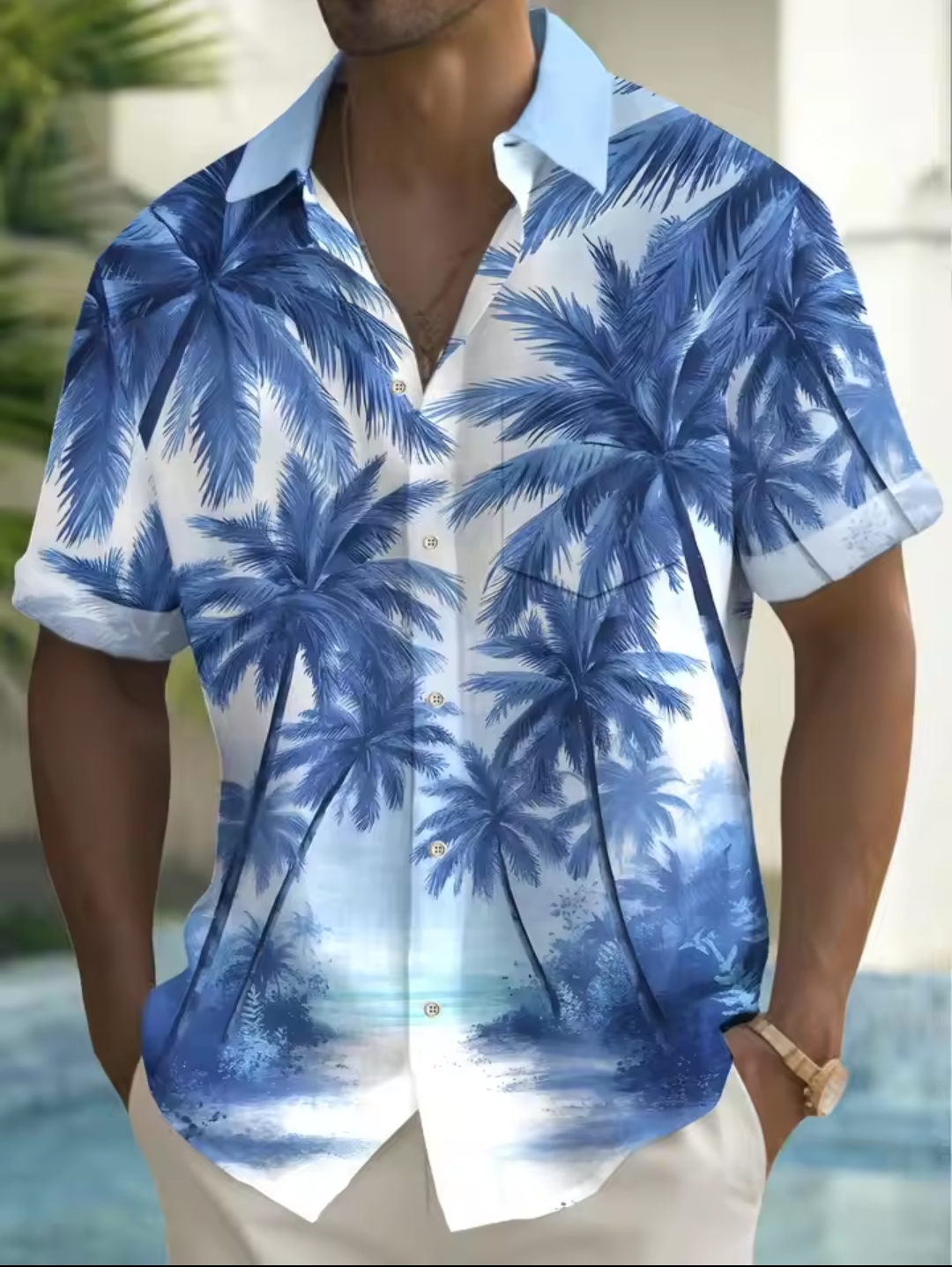 Men's shirt short sleeve Hawaiian blue palm tree